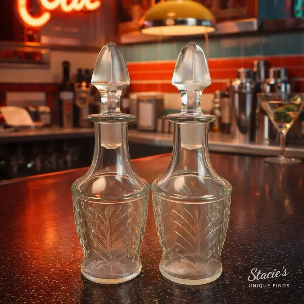 MCM Pair vintage leaf Janette glass decanters with stoppers 10” tall